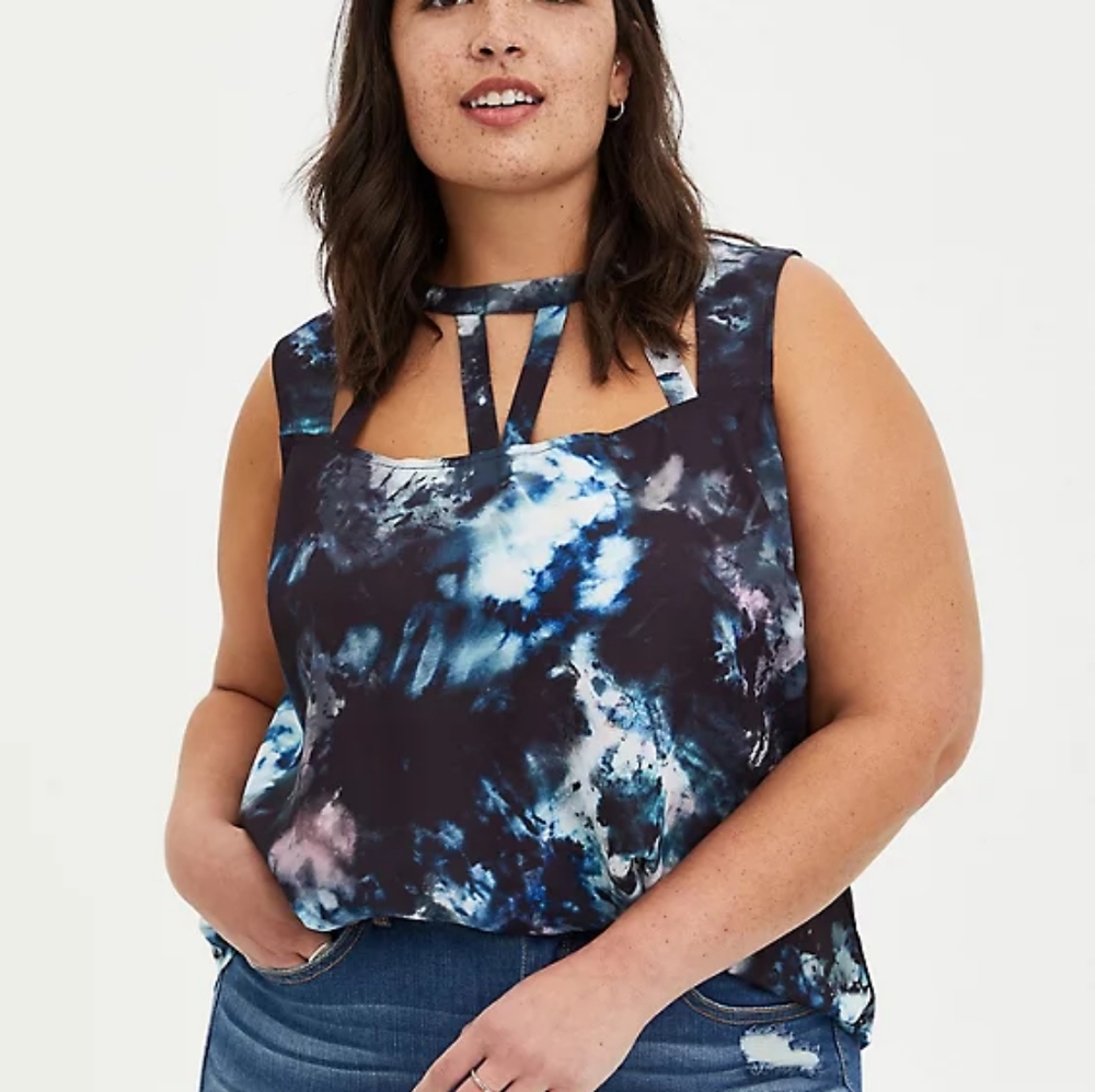 BLACK TIE-DYE GEORGETTE CAGE FRONT TANK